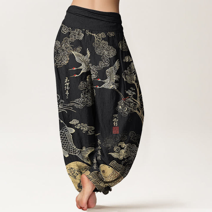 Buddha Stones Pantalones harem de mujer con cintura elástica y estampado de grullas, peces koi y nubes, de algodón. - image 2