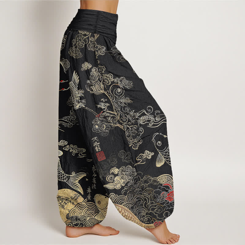Buddha Stones Pantalones harem de mujer con cintura elástica y estampado de grullas, peces koi y nubes, de algodón. - image 1