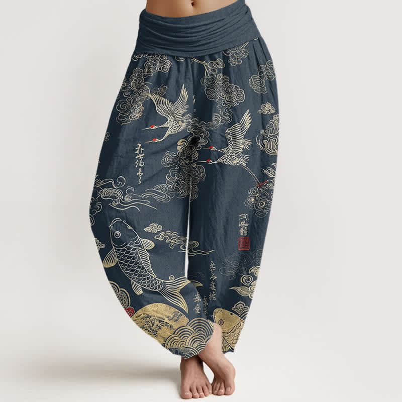 Buddha Stones Pantalones harem de mujer con cintura elástica y estampado de grullas, peces koi y nubes, de algodón. - Azul acero - US16，UK/AU20，EU48 (3XL) - image 5