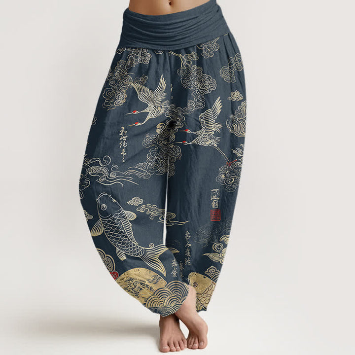 Buddha Stones Pantalones harem de mujer con cintura elástica y estampado de grullas, peces koi y nubes, de algodón. - Azul acero - US16，UK/AU20，EU48 (3XL) - image 5