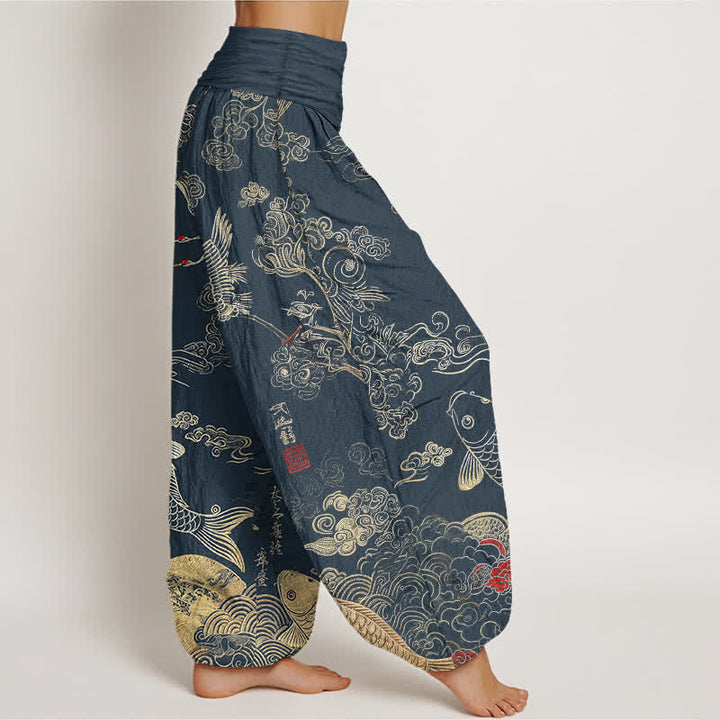 Buddha Stones Pantalones harem de mujer con cintura elástica y estampado de grullas, peces koi y nubes, de algodón. - image 6