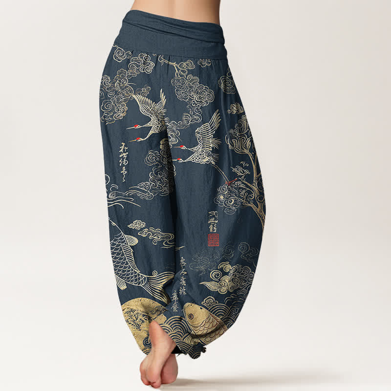 Buddha Stones Pantalones harem de mujer con cintura elástica y estampado de grullas, peces koi y nubes, de algodón. - image 7