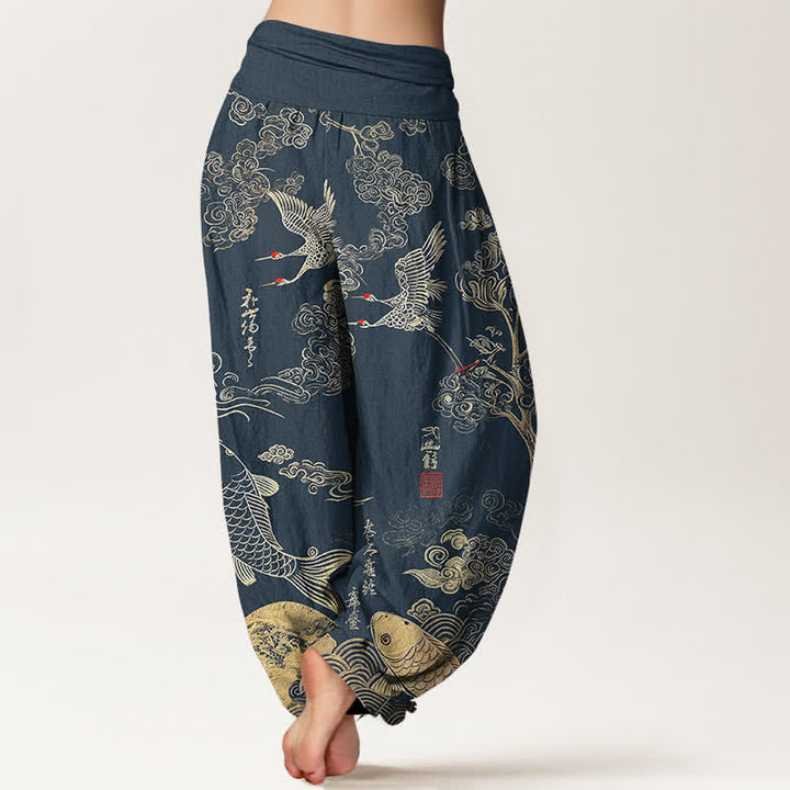 Buddha Stones Pantalones harem de mujer con cintura elástica y estampado de grullas, peces koi y nubes, de algodón. - image 7