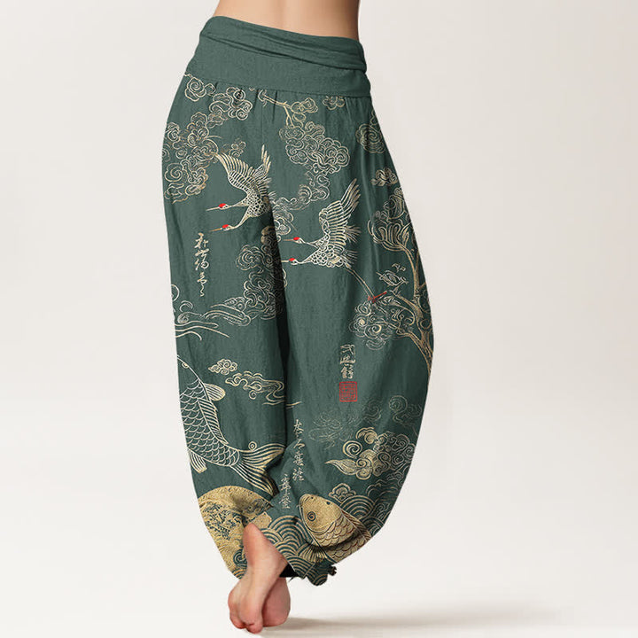 Buddha Stones Pantalones harem de mujer con cintura elástica y estampado de grullas, peces koi y nubes, de algodón. - image 10