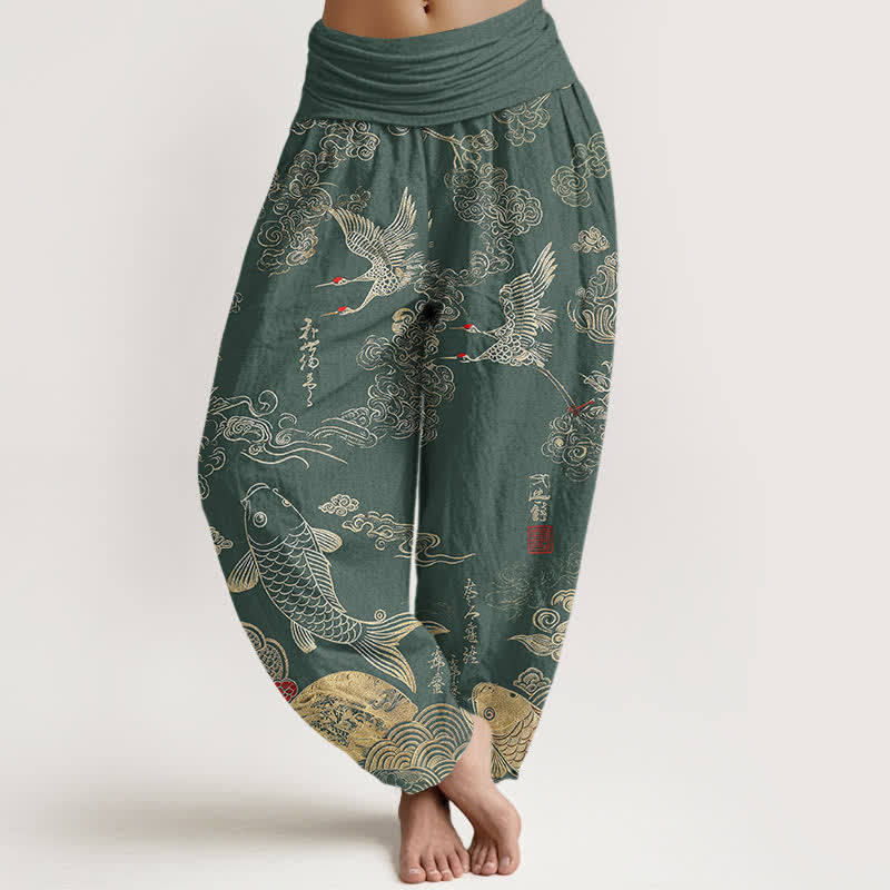 Buddha Stones Pantalones harem de mujer con cintura elástica y estampado de grullas, peces koi y nubes, de algodón. - Verdemar - US16，UK/AU20，EU48 (3XL) - image 8