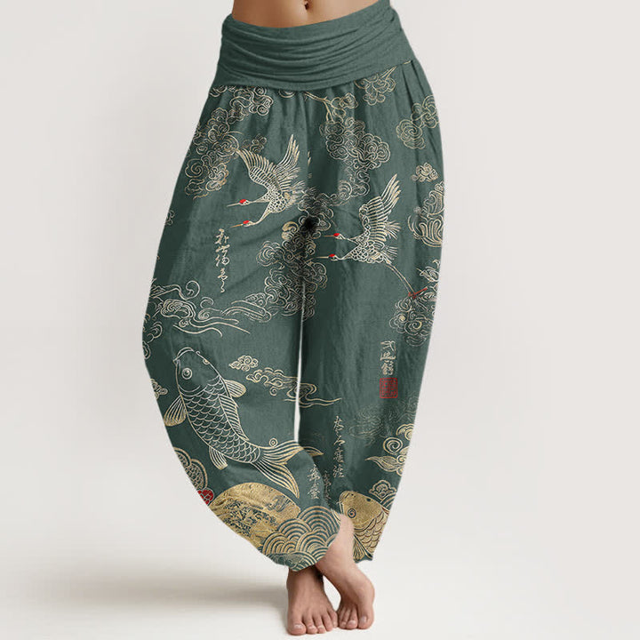 Buddha Stones Pantalones harem de mujer con cintura elástica y estampado de grullas, peces koi y nubes, de algodón. - Verdemar - US16，UK/AU20，EU48 (3XL) - image 8