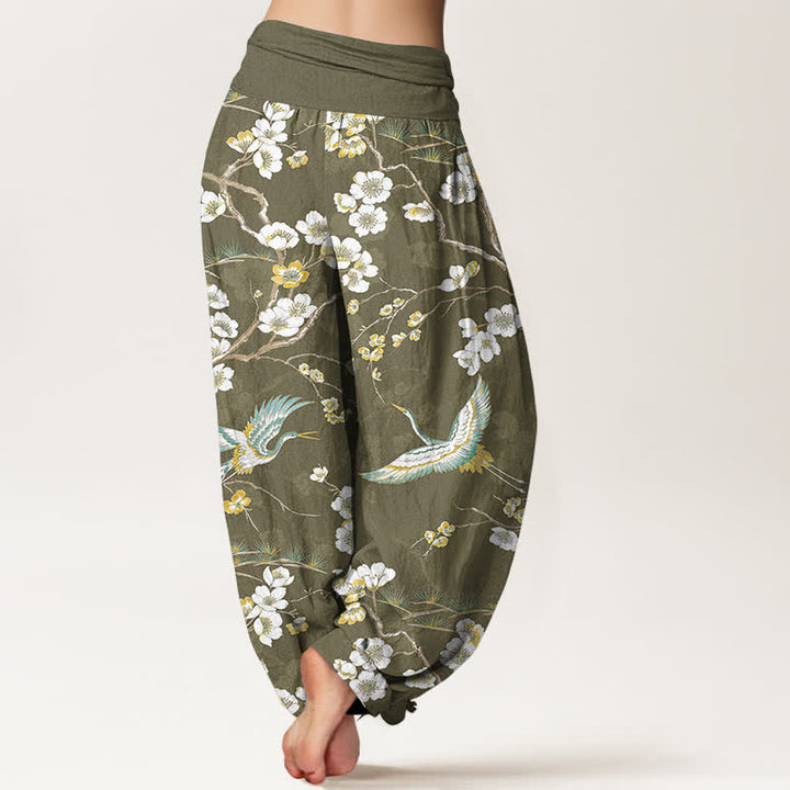 Buddha Stones Pantalones harem de mujer con cintura elástica y estampado de grullas y flores blancas de algodón. - image 7
