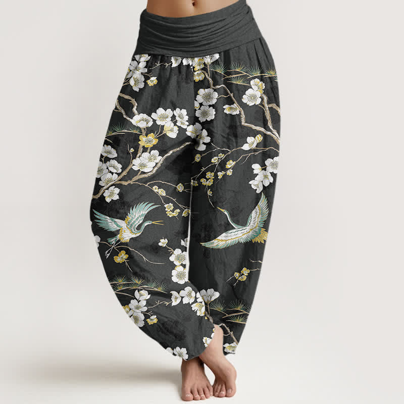 Buddha Stones Pantalones harem de mujer con cintura elástica y estampado de grullas y flores blancas de algodón. - Negro - US16，UK/AU20，EU48 (3XL) - image 8