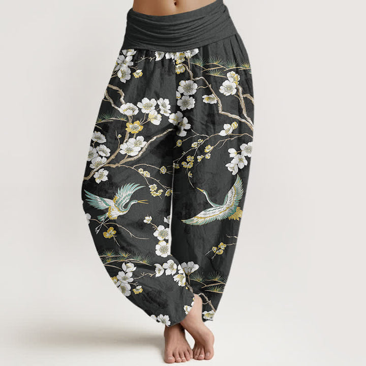 Buddha Stones Pantalones harem de mujer con cintura elástica y estampado de grullas y flores blancas de algodón. - Negro - US16，UK/AU20，EU48 (3XL) - image 8
