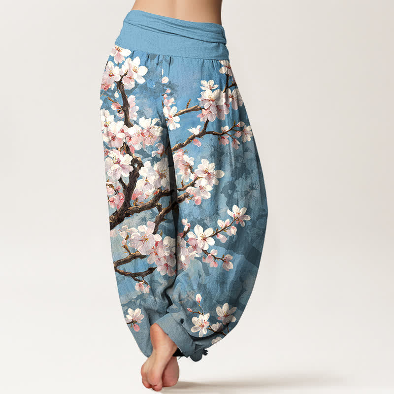 Buddha Stones Pantalones harem de mujer con cintura elástica y estampado de ramas de cerezo en flor de algodón. - image 2