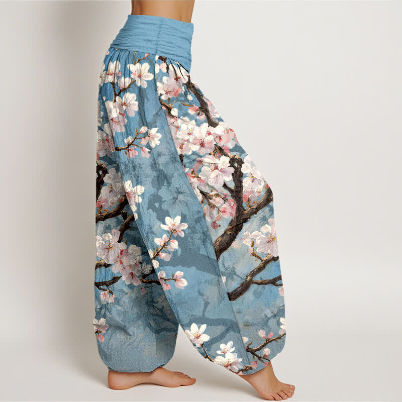 Buddha Stones Pantalones harem de mujer con cintura elástica y estampado de ramas de cerezo en flor de algodón. - image 1