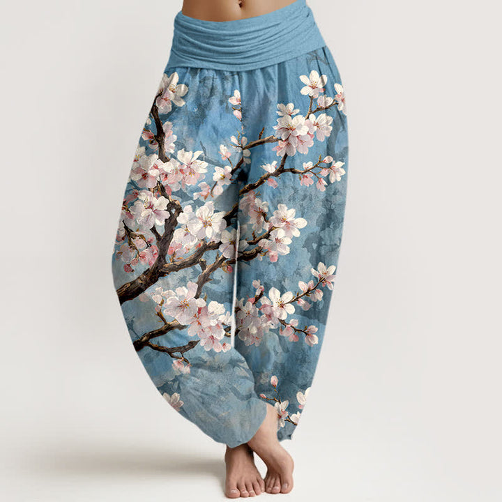 Buddha Stones Pantalones harem de mujer con cintura elástica y estampado de ramas de cerezo en flor de algodón. - Azul claro - US16，UK/AU20，EU48 (3XL) - image 0