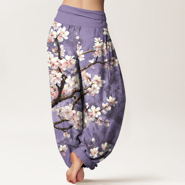 Buddha Stones Pantalones harem de mujer con cintura elástica y estampado de ramas de cerezo en flor de algodón. - image 7