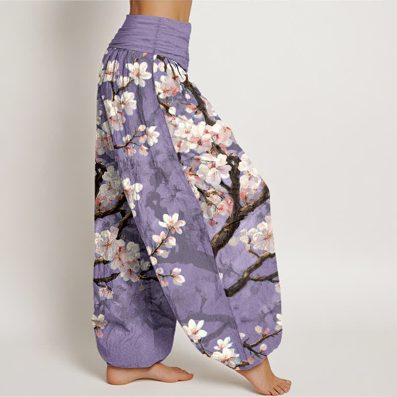 Buddha Stones Pantalones harem de mujer con cintura elástica y estampado de ramas de cerezo en flor de algodón. - image 6