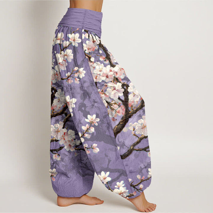 Buddha Stones Pantalones harem de mujer con cintura elástica y estampado de ramas de cerezo en flor de algodón. - image 6