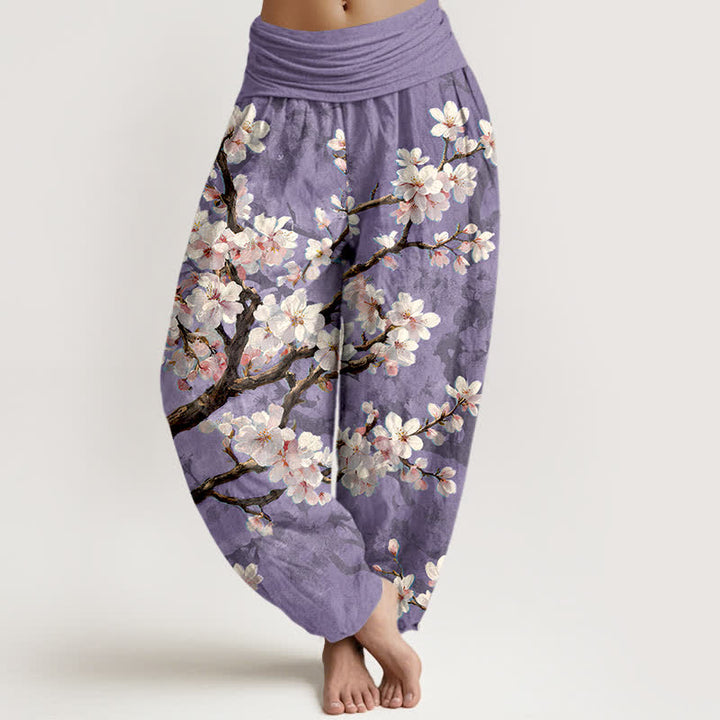 Buddha Stones Pantalones harem de mujer con cintura elástica y estampado de ramas de cerezo en flor de algodón. - Lavanda - US16，UK/AU20，EU48 (3XL) - image 5