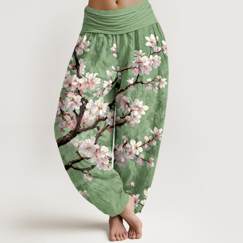 Buddha Stones Pantalones harem de mujer con cintura elástica y estampado de ramas de cerezo en flor de algodón. - Verde claro - US16，UK/AU20，EU48 (3XL) - image 8