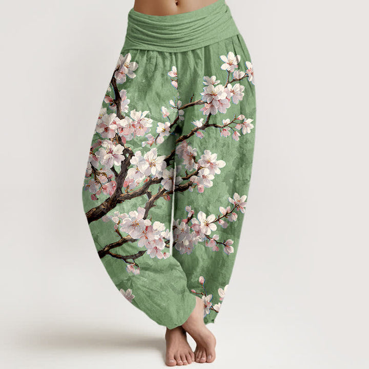 Buddha Stones Pantalones harem de mujer con cintura elástica y estampado de ramas de cerezo en flor de algodón. - Verde claro - US16，UK/AU20，EU48 (3XL) - image 8