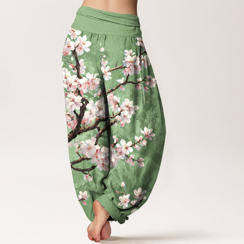 Buddha Stones Pantalones harem de mujer con cintura elástica y estampado de ramas de cerezo en flor de algodón. - image 10