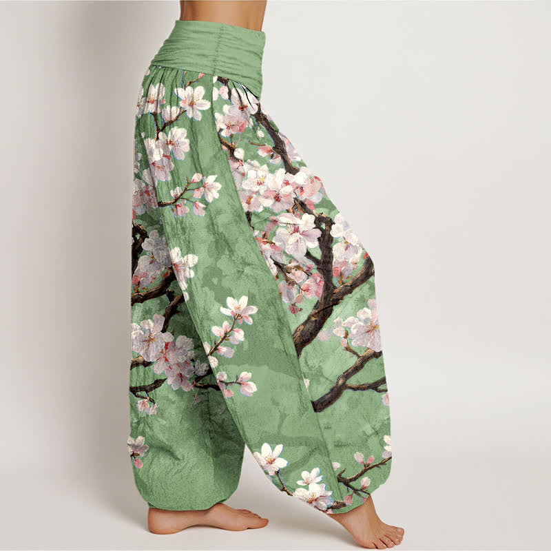 Buddha Stones Pantalones harem de mujer con cintura elástica y estampado de ramas de cerezo en flor de algodón. - image 9