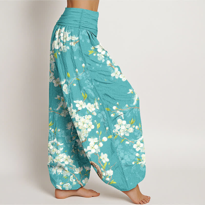 Buddha Stones Pantalones harem de mujer con cintura elástica y estampado botánico de flores de algodón. - image 1