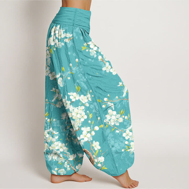 Buddha Stones Pantalones harem de mujer con cintura elástica y estampado botánico de flores de algodón. - image 1