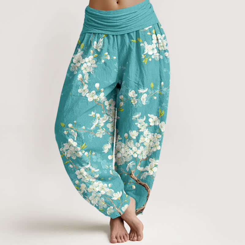 Buddha Stones Pantalones harem de mujer con cintura elástica y estampado botánico de flores de algodón. - Turquesa - US16，UK/AU20，EU48 (3XL) - image 0