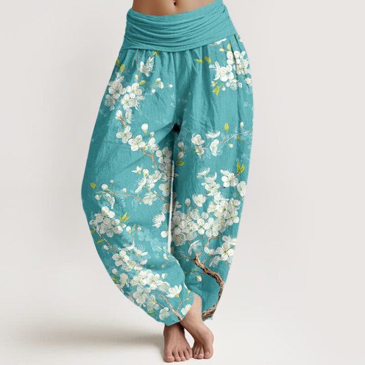 Buddha Stones Pantalones harem de mujer con cintura elástica y estampado botánico de flores de algodón. - Turquesa - US16，UK/AU20，EU48 (3XL) - image 0