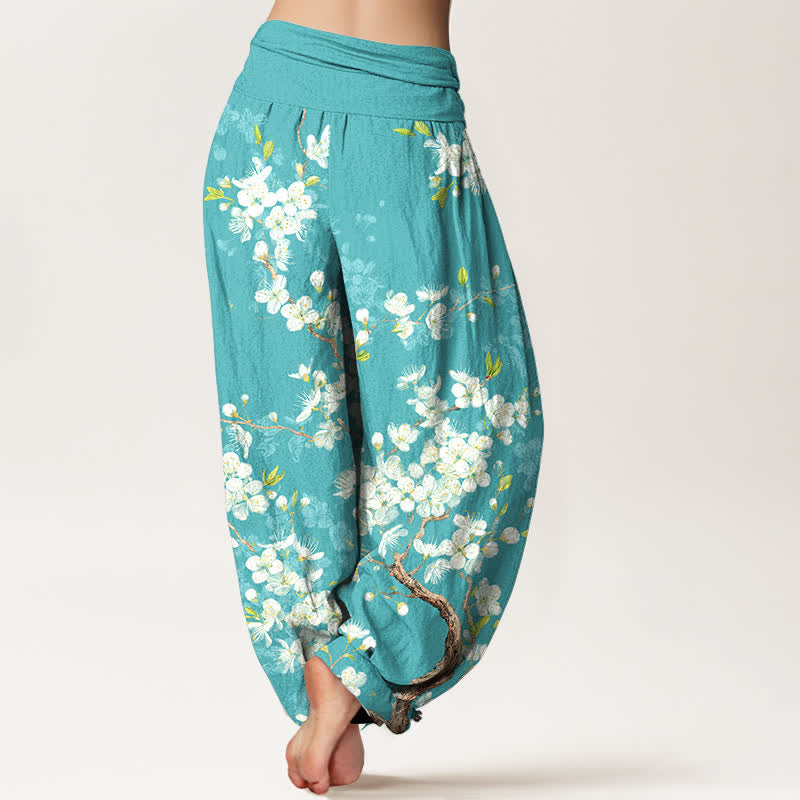 Buddha Stones Pantalones harem de mujer con cintura elástica y estampado botánico de flores de algodón. - image 2