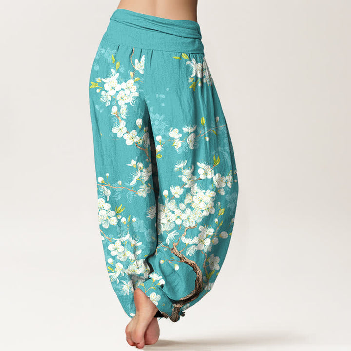 Buddha Stones Pantalones harem de mujer con cintura elástica y estampado botánico de flores de algodón. - image 2
