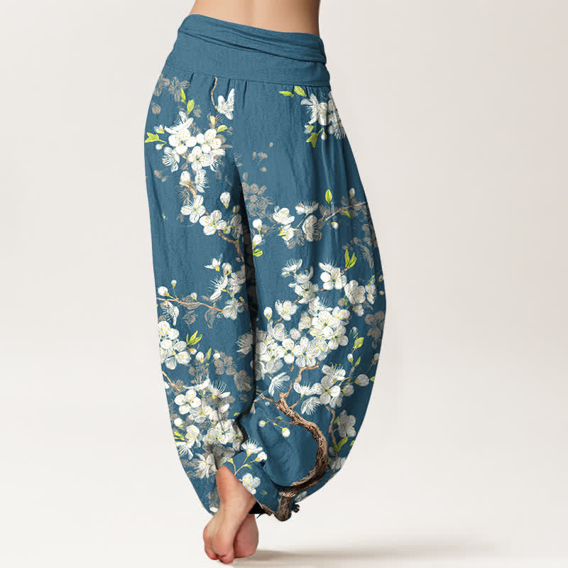 Buddha Stones Pantalones harem de mujer con cintura elástica y estampado botánico de flores de algodón. - image 7