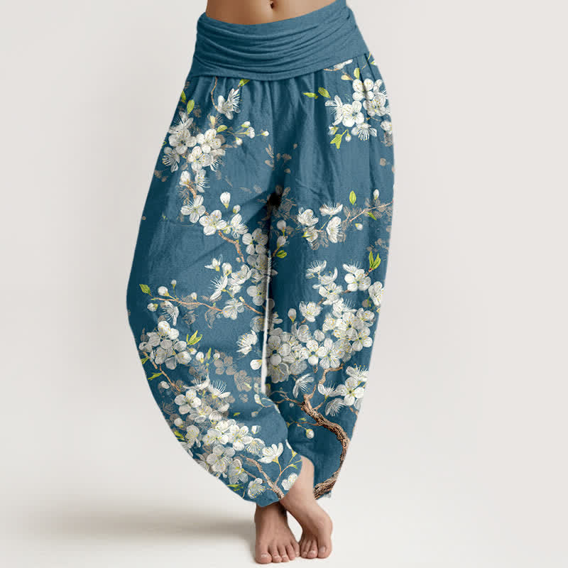 Buddha Stones Pantalones harem de mujer con cintura elástica y estampado botánico de flores de algodón. - Azul cadete - US16，UK/AU20，EU48 (3XL) - image 5