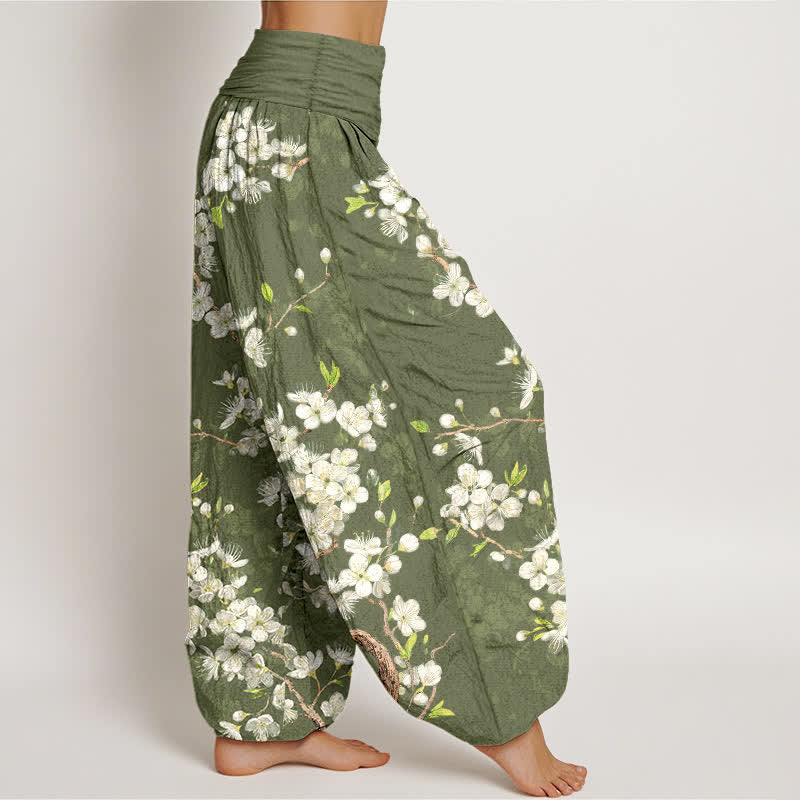 Buddha Stones Pantalones harem de mujer con cintura elástica y estampado botánico de flores de algodón. - image 9