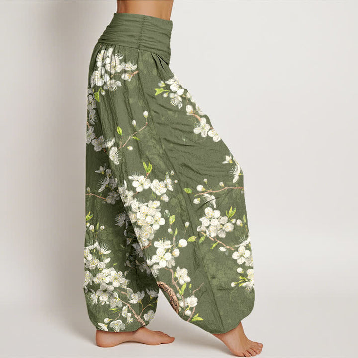 Buddha Stones Pantalones harem de mujer con cintura elástica y estampado botánico de flores de algodón. - image 9
