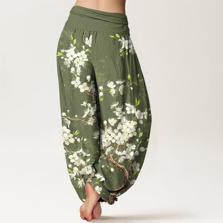 Buddha Stones Pantalones harem de mujer con cintura elástica y estampado botánico de flores de algodón. - image 10