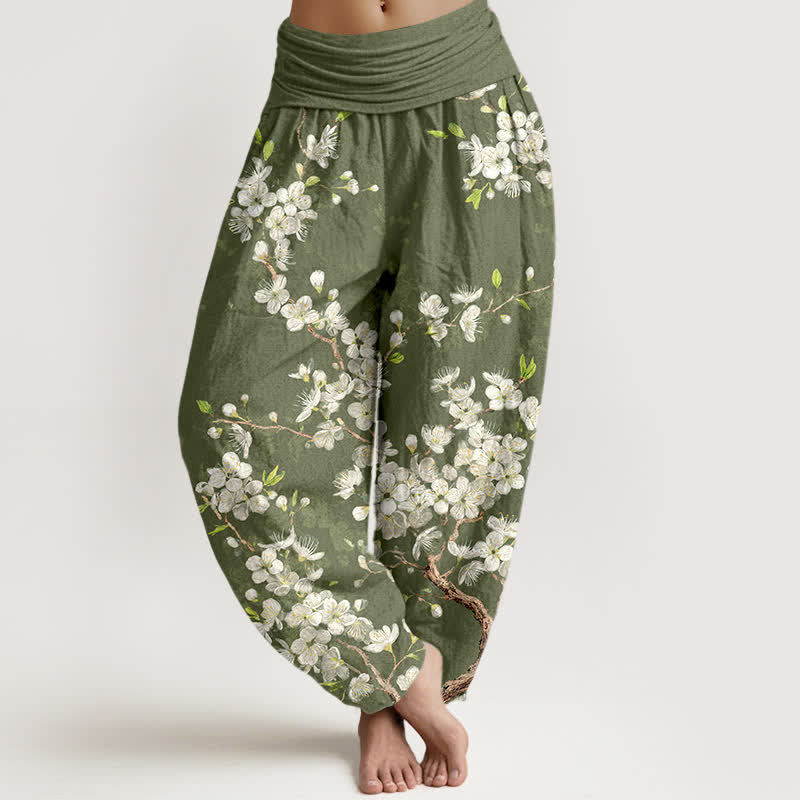 Buddha Stones Pantalones harem de mujer con cintura elástica y estampado botánico de flores de algodón. - Verde oliva - US16，UK/AU20，EU48 (3XL) - image 8