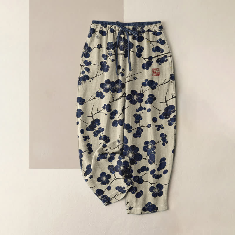 Buddha Stones Pantalones de mujer de algodón puro con estampado de flores índigo, cintura elástica y bolsillos. - Marfil - US16，UK/AU20，EU48 (3XL) - image 0