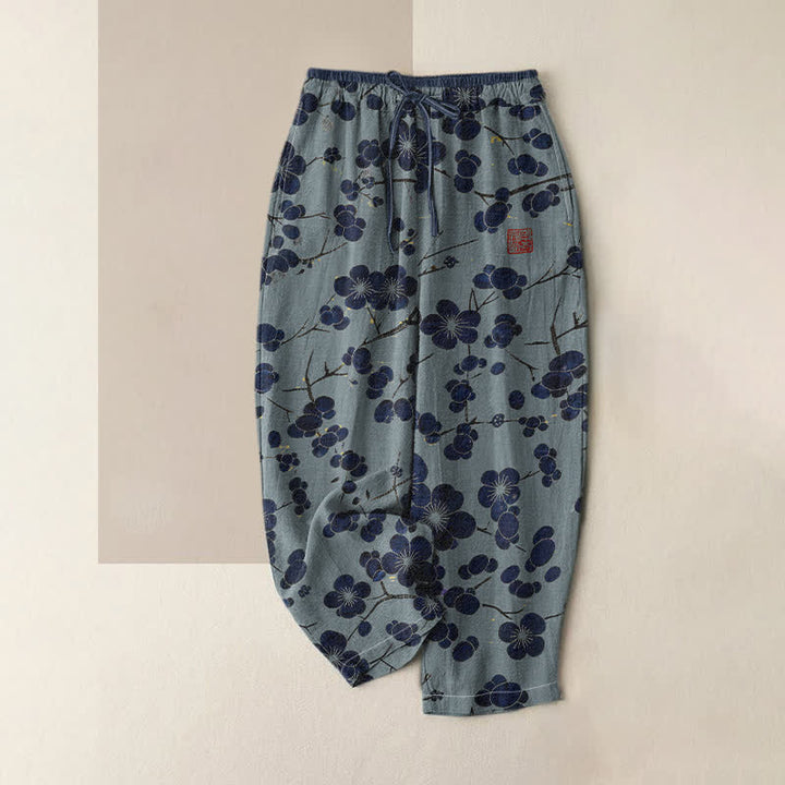 Buddha Stones Pantalones de mujer de algodón puro con estampado de flores índigo, cintura elástica y bolsillos. - Azul acero claro - US16，UK/AU20，EU48 (3XL) - image 3