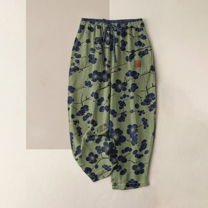 Buddha Stones Pantalones de mujer de algodón puro con estampado de flores índigo, cintura elástica y bolsillos. - Verde oliva - US16，UK/AU20，EU48 (3XL) - image 4