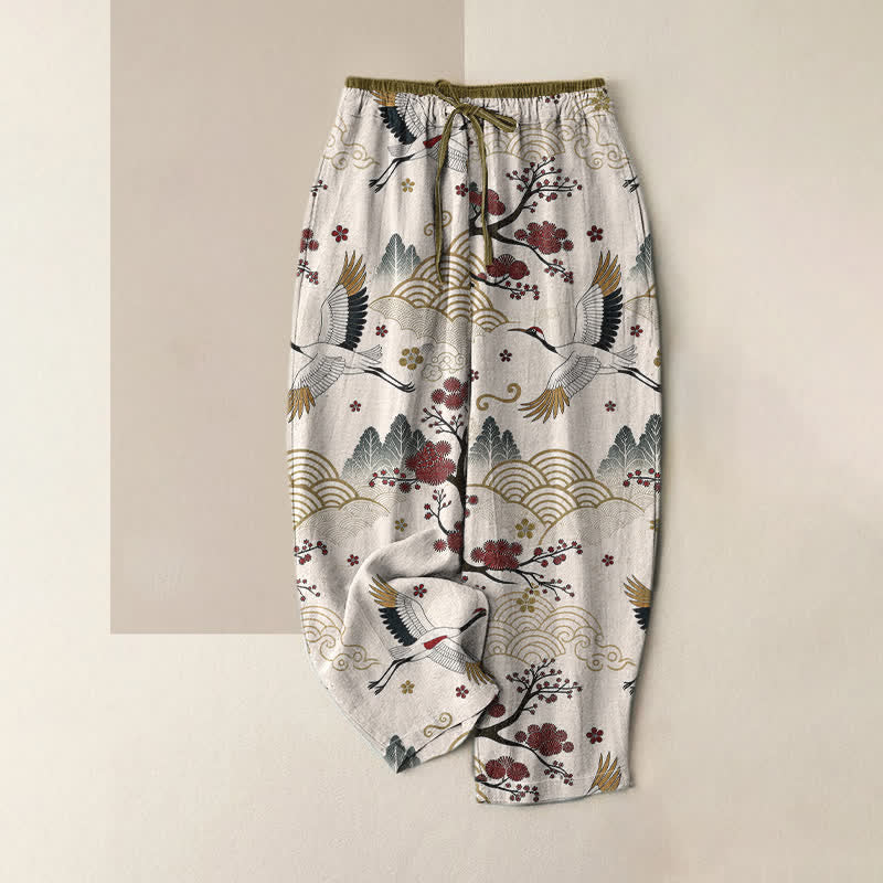 Buddha Stones Pantalones de mujer de algodón puro con elegante estampado de grullas y flores de ciruelo, cintura elástica y bolsillos. - Marfil - US16，UK/AU20，EU48 (3XL) - image 0