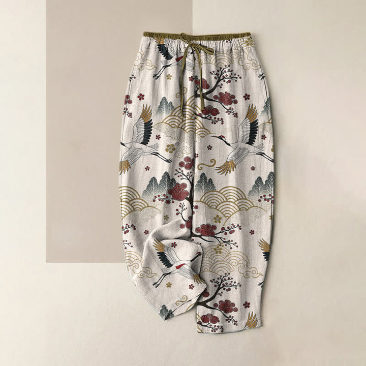 Buddha Stones Pantalones de mujer de algodón puro con elegante estampado de grullas y flores de ciruelo, cintura elástica y bolsillos. - Marfil - US16，UK/AU20，EU48 (3XL) - image 0