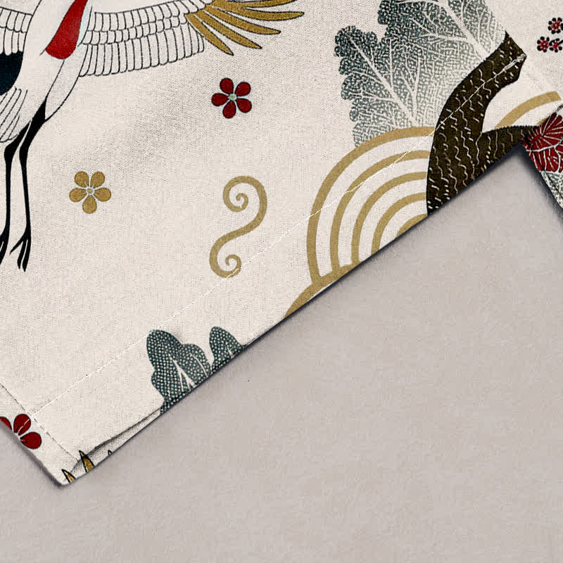 Buddha Stones Pantalones de mujer de algodón puro con elegante estampado de grullas y flores de ciruelo, cintura elástica y bolsillos. - image 1