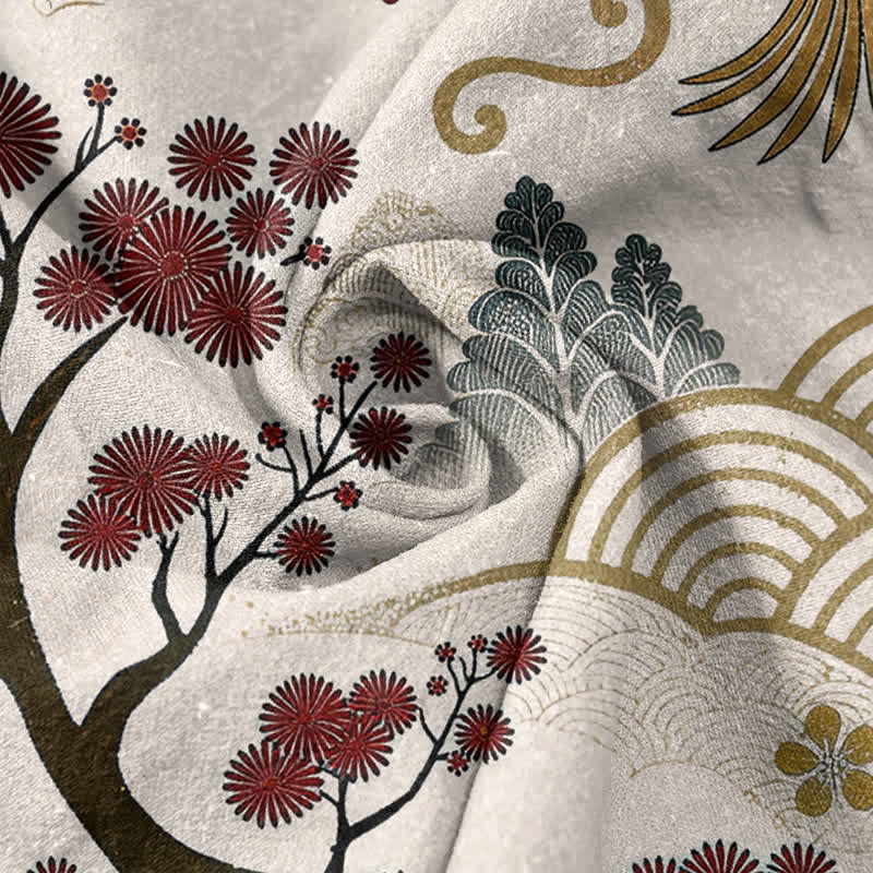 Buddha Stones Pantalones de mujer de algodón puro con elegante estampado de grullas y flores de ciruelo, cintura elástica y bolsillos. - image 2