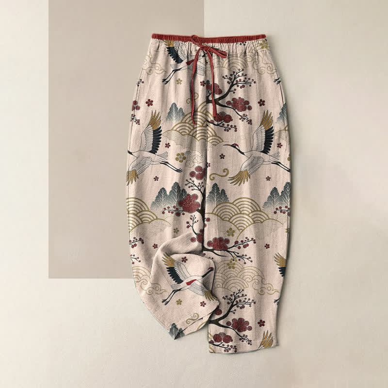 Buddha Stones Pantalones de mujer de algodón puro con elegante estampado de grullas y flores de ciruelo, cintura elástica y bolsillos. - Rubor lavanda - US16，UK/AU20，EU48 (3XL) - image 4