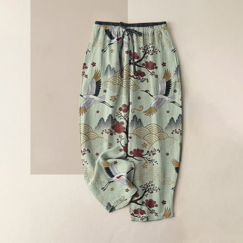 Buddha Stones Pantalones de mujer de algodón puro con elegante estampado de grullas y flores de ciruelo, cintura elástica y bolsillos. - Verde pálido - US16，UK/AU20，EU48 (3XL) - image 3