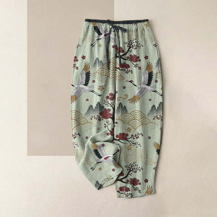 Buddha Stones Pantalones de mujer de algodón puro con elegante estampado de grullas y flores de ciruelo, cintura elástica y bolsillos. - Verde pálido - US16，UK/AU20，EU48 (3XL) - image 3