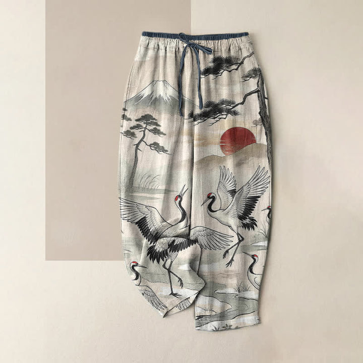 Buddha Stones Pantalones de mujer de algodón puro con estampado de paisaje de grullas, cintura elástica y bolsillos. - Marfil - US16，UK/AU20，EU48 (3XL) - image 0