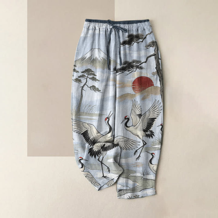 Buddha Stones Pantalones de mujer de algodón puro con estampado de paisaje de grullas, cintura elástica y bolsillos. - Azul claro - US16，UK/AU20，EU48 (3XL) - image 3