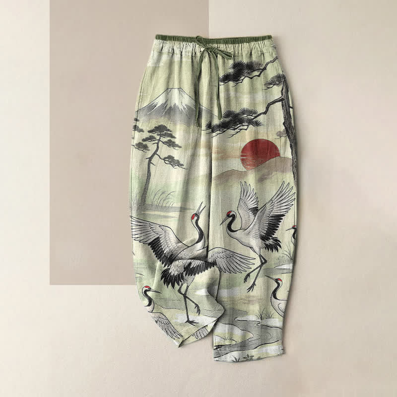 Buddha Stones Pantalones de mujer de algodón puro con estampado de paisaje de grullas, cintura elástica y bolsillos. - Verde pálido - US16，UK/AU20，EU48 (3XL) - image 4