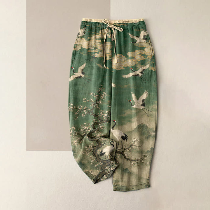 Buddha Stones Pantalones de mujer de algodón puro con elegante estampado de grullas y flores, cintura elástica y bolsillos. - Verdemar - US16，UK/AU20，EU48 (3XL) - image 0